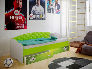 Кровать Софа-8 с мягкой спинкой фотопечать Футбол (900х2000) Белый/Лайм в Берёзовке - beryozovka.mebel54.com | фото